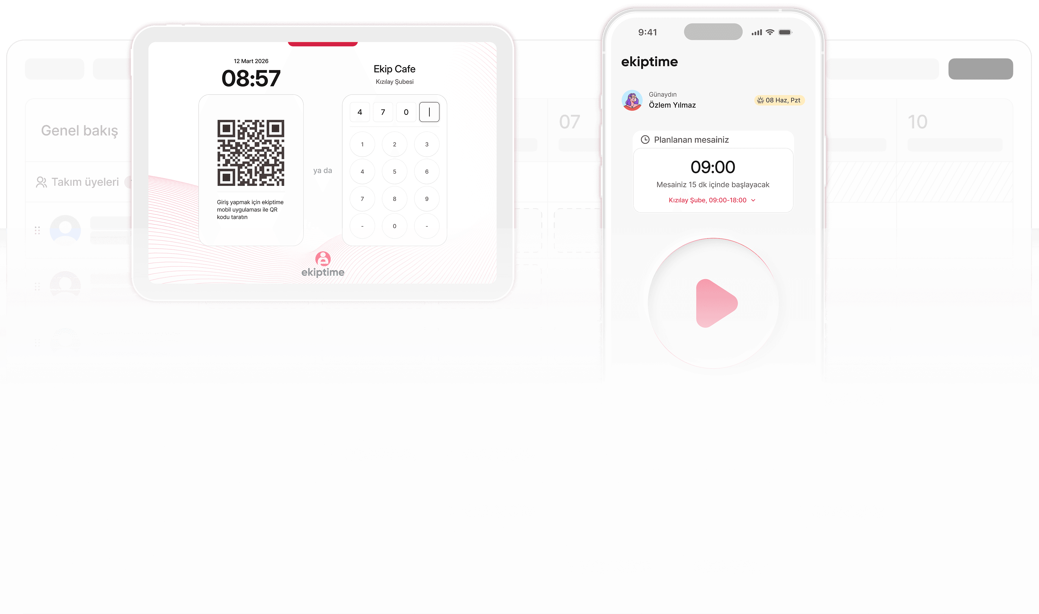 Akıllı PDKS için QR kiosk, mobil giriş ve web puantaj ekranları